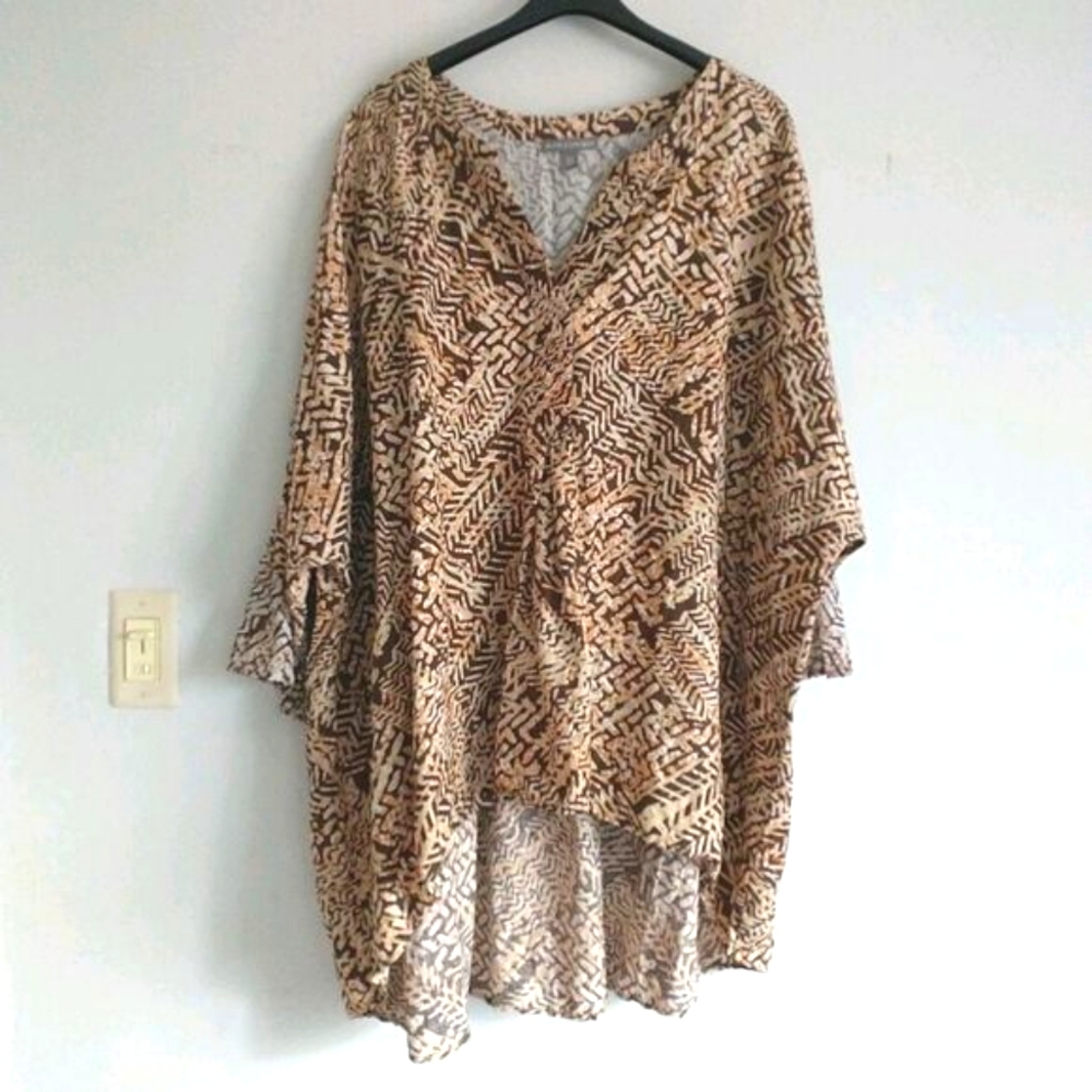 Jessica London Tunic Blouse Womens 36W 4X Brown Geometric Linen Blend Lagenlook
